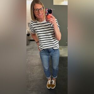 LOFT women’s navy and white striped short sleeve shirt